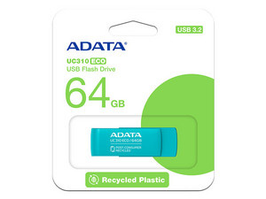 Memoria USB Adata UC310 ECO, 64GB, USB 3.2, Lectura 100 MB/s, Verde