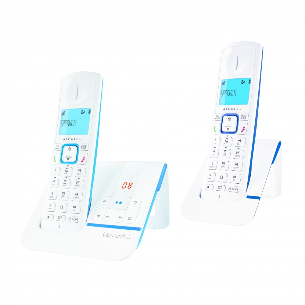 Alcatel Teléfono Inalámbrico Versatis F230 Voice DUO, DECT, Contestadora, 2 Auriculares, Altavoz, Azul/Blanco