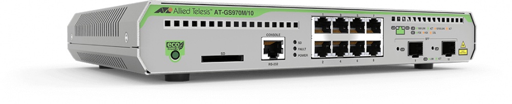 Switch Allied Telesis Gigabit Ethernet CentreCOM GS970M, 8 Puertos 10/100/1000Mbps + 2 Puertos SFP, 20 Gbit/s, 16.000 Entradas - Administrable