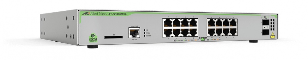 Switch Allied Telesis Gigabit Ethernet CentreCOM GS970M, 16 Puertos 10/100/1000 Mbps + 2 Puertos SFP, 36 Gbit/s, 16.000 Entradas - Administrable