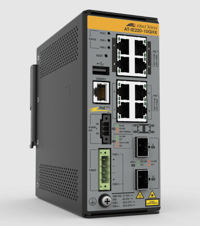Switch Allied Telesis AT-IE220-10GHX-980, 8 Puertos Gigabit Ethernet 10/100/1000 8 x PoE+ 240W, 2 Puertos SFP+, 60 Gbit/s, 16000 Entradas, Administrado