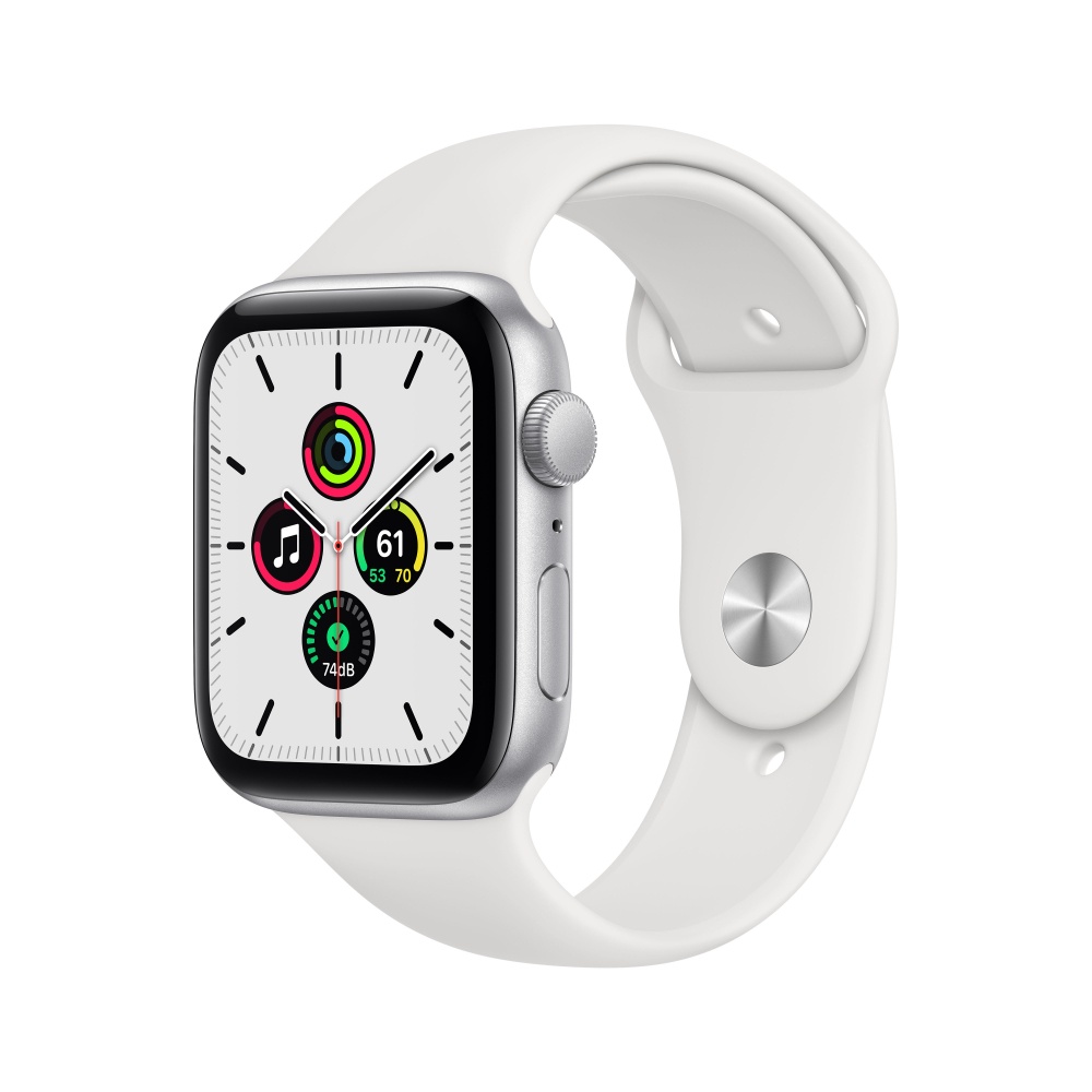 Apple Watch SE GPS, Caja de Aluminio Color Plata de 44mm, Correa Deportiva Blanca