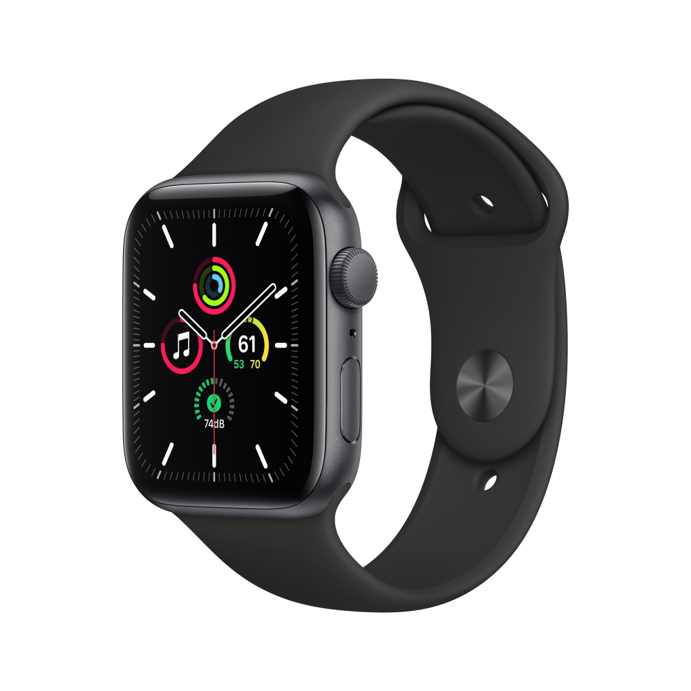 Apple Watch SE GPS, Caja de Aluminio Color Gris Espacial de 44mm, Correa Deportiva Negro