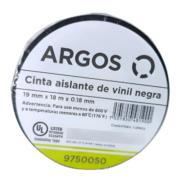 Argos Cinta Aislante 9750050, Rollo de 19mm x 18 Metros, Negro, 1 Pieza