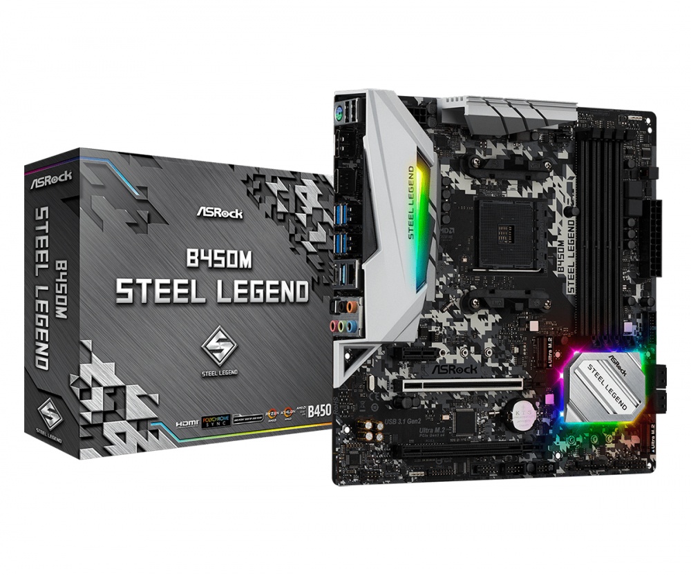 Tarjeta Madre ASRock Micro ATX B450M Steel Legend, S-AM4, AMD B450, HDMI, 64GB DDR4 para AMD ― Requiere Actualización de BIOS para Ryzen Serie 5000