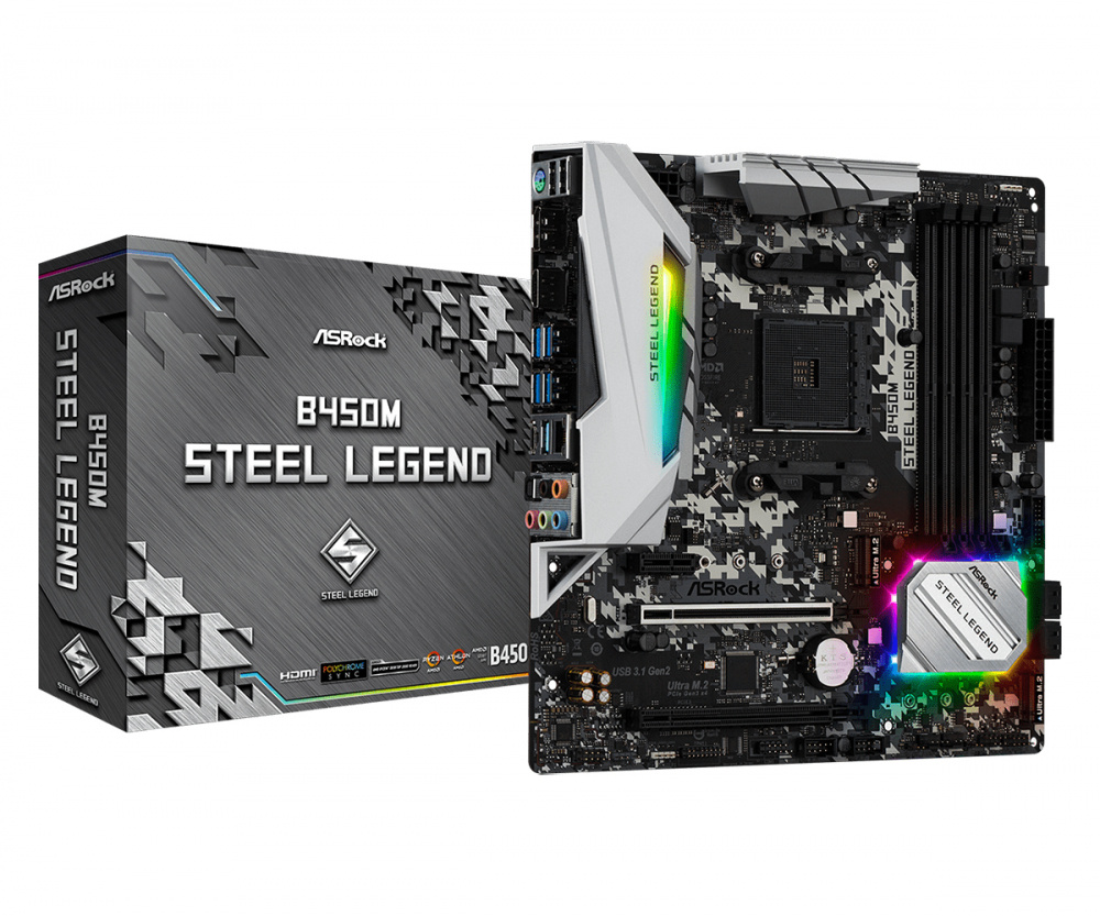 Tarjeta Madre ASRock Micro ATX B450M Steel Legend, S-AM4, AMD B450, HDMI, 64GB DDR4 para AMD ― Requiere Actualización de BIOS para Ryzen Serie 5000 ― Equipo reparado.