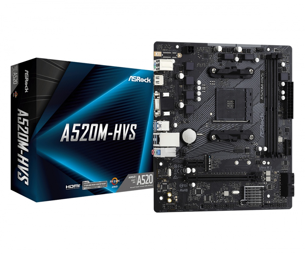 Tarjeta Madre ASRock micro ATX A520M-HVS, S-AM4, AMD A520, HDMI, 64GB DDR4 para AMD  - No es Compatible con Ryzen 5 3400G y Ryzen 3 3200G