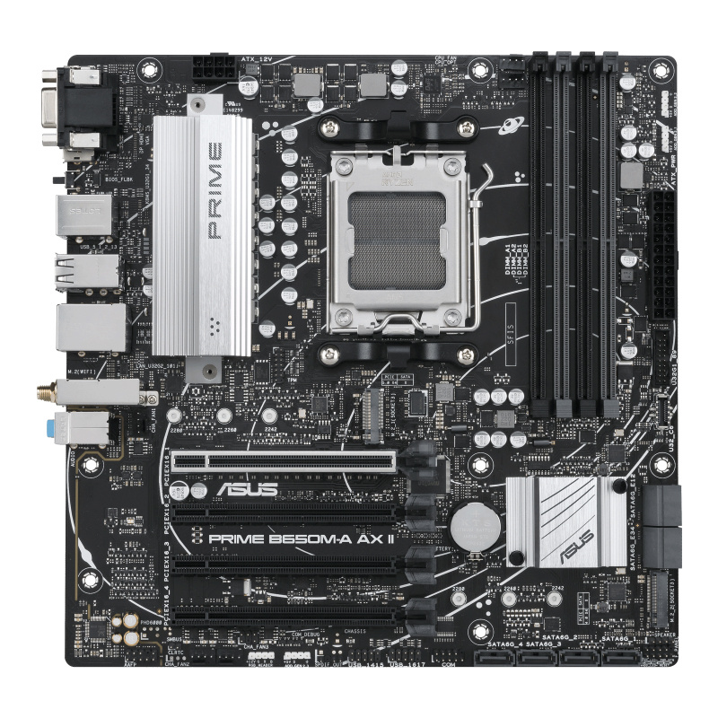 Tarjeta Madre ASUS Micro-ATX PRIME B650M-A AX II, S-AM5, AMD B650, HDMI, 128GB DDR5 para AMD ― Daños mayores pero funcional - Botón Bio flash dañado.