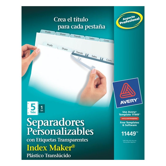Avery Separadores Personalizables con Etiquetas Transparentes 11449, 1 x 5 Divisiones, Blanco