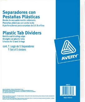 Avery Separadores con Pestañas Plásticas 6566, 5 Divisiones, Amarillo