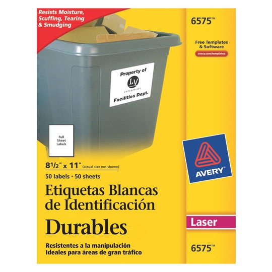 Avery Etiquetas Permanentes 6575, 50 Etiquetas de 8.5'' x 11'', Blanco