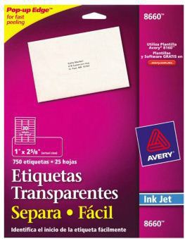 Avery Etiquetas para Dirección 8660, 750 Etiquetas de 1'' x 2.7'', Transparente