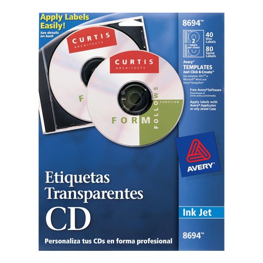 Avery Etiquetas para CD/DVD 8694, 40 Etiquetas, Transparente