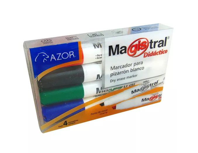 Azor Marcador Magistral para Pizarrón, Punta Cincelada, Paquete de 4 Piezas, Varios Colores
