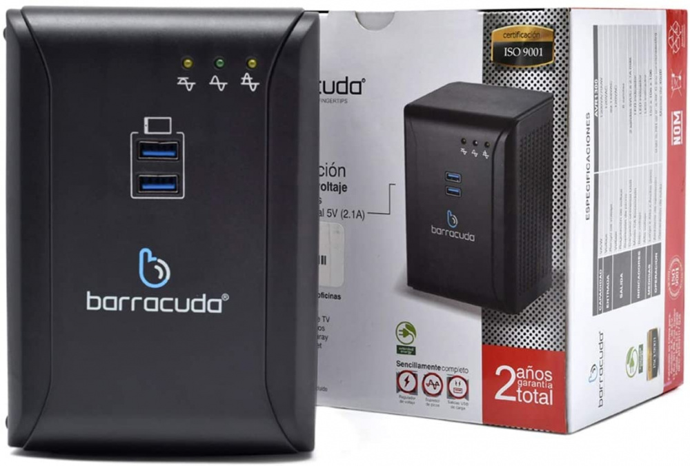 Regulador Barracuda AVR-1300, 700W, 1300VA, Entrada 120-140V, 8 Contactos, 2x USB