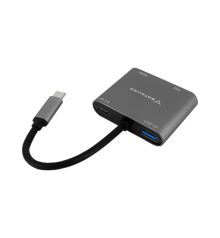 Batauro Hub USB-C Macho - 1x HDMI, 1x VGA, 1x USB-A Hembra, Gris