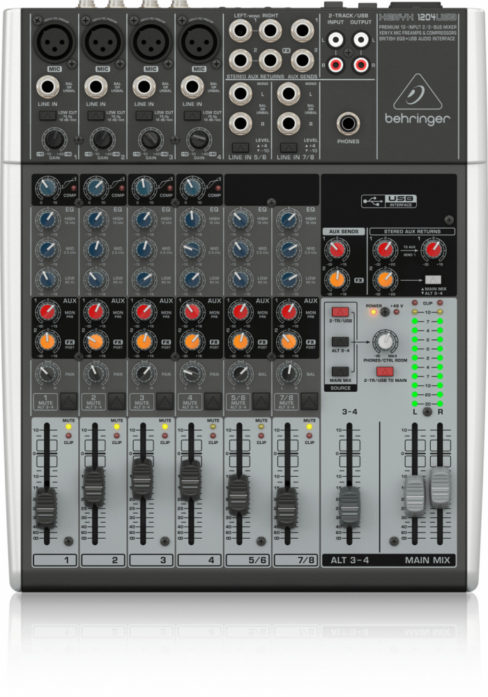 Behringer Mezcladora Xenyx 1204USB, 12 Canales, 24 bit, XLR/6.3mm, USB-B, Gris