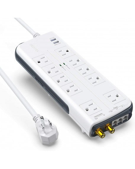 BESTEK Multicontacto MRJ10002, 10 Contactos, 2 Puertos USB, 1857W, Blanco