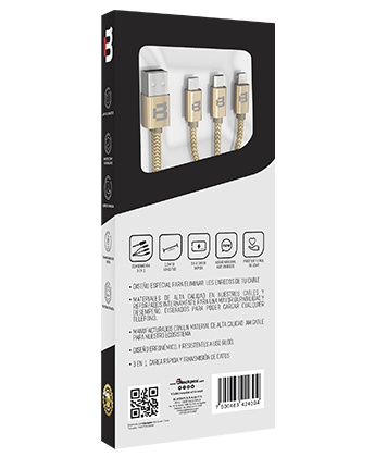 Blackpcs Cable de Carga 3 en 1 USB Macho - Lightning/Micro USB/USB C Macho, 1.2 Metros, Dorado, para iPod/iPhone/iPad/Android