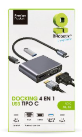 BRobotix Docking Station 4 en 1 USB C, 1x USB 3.0, 1x HDMI, 1x USB 3.0, 1x VGA, 1x USB C, Plata