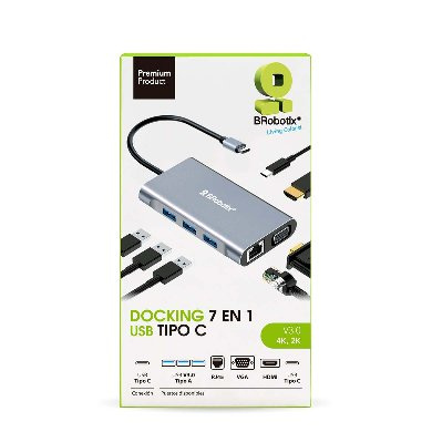 BRobotix Docking Station 7 en 1 6001202 USB C, 3x USB 3.0,1x HDMI, 1x VGA, 1x RJ-45, Plata