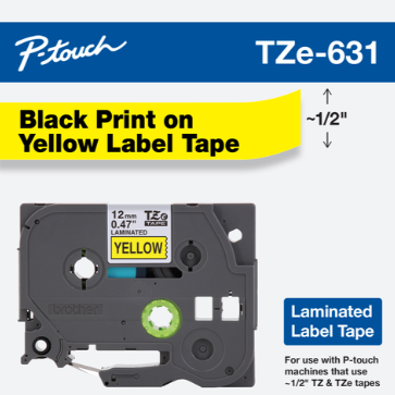 Brother Cinta TZE631G Negro sobre Amarillo, Transferencia Térmica, 12 mm x 8 Metros, 1 Pieza