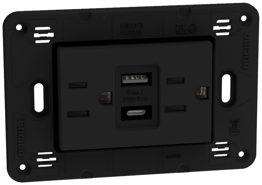 Bticino Tomacorriente JB4188ACQ, 2 Enchufes, 1x USB-A, 1x USB-C, 125V, 15A, Negro