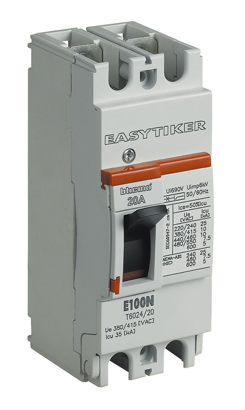 Bticino Interruptor Termomagnético 2 Polos T6032/50, 600V, 50A, Entrada 600V