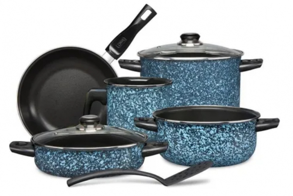 Cinsa Batería de Cocina Granito, Acero Vitrificado, Antiadherente, 8 Piezas, Azul/Negro