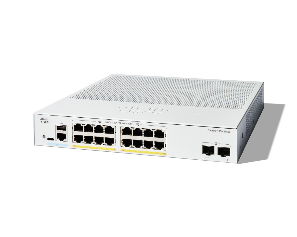 Switch Cisco Gigabit Ethernet Catalyst 1300, 16 Puertos PoE+ 10/100/1000Mbps + 2 Puertos SFP, 240W, 36 Gbit/s, 16000 Entradas - Administrable ― Envío gratis limitado a 50 unidades por cliente