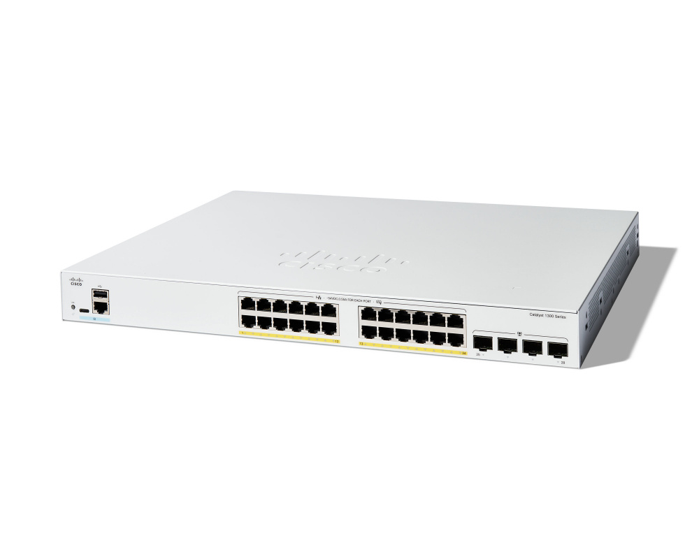 Switch Cisco Gigabit Ethernet Catalyst 1300, 24 Puertos PoE+ 10/100/1000Mbps + 4 Puertos SFP, 370W, 56 Gbit/s, 16000 Entradas - Administrable