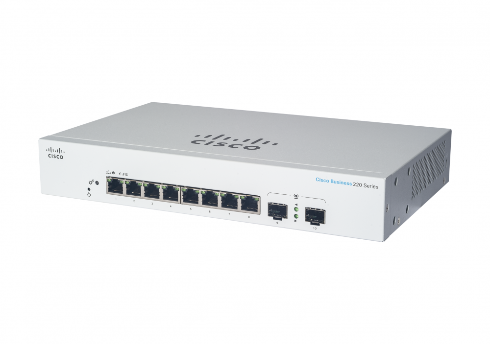 Switch Cisco Gigabit Ethernet Business CBS220, 8 Puertos PoE 10/100/1000 + 2 Puertos SFP, Full PoE 130W, 20 Gbit/s, 8.192 Entradas - Administrable
