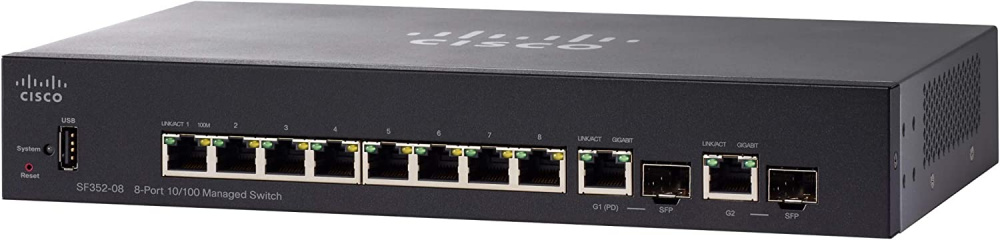 Switch Cisco Fast Ethernet SF352-08 Small Business, 8 Puertos 10/100Mbps + 2 Puertos SFP, 5.6Gbit/s, 16.384 Entradas - Administrable