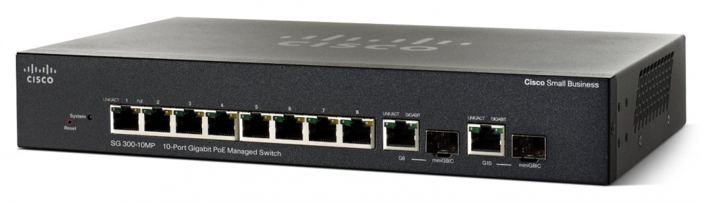 Switch Cisco Gigabit Ethernet SG300-10MPP PoE+, 8 Puertos 10/100/1000Mbps + 2 Puertos SFP, 20 Gbit/s, 16.384 Entradas – Administrable