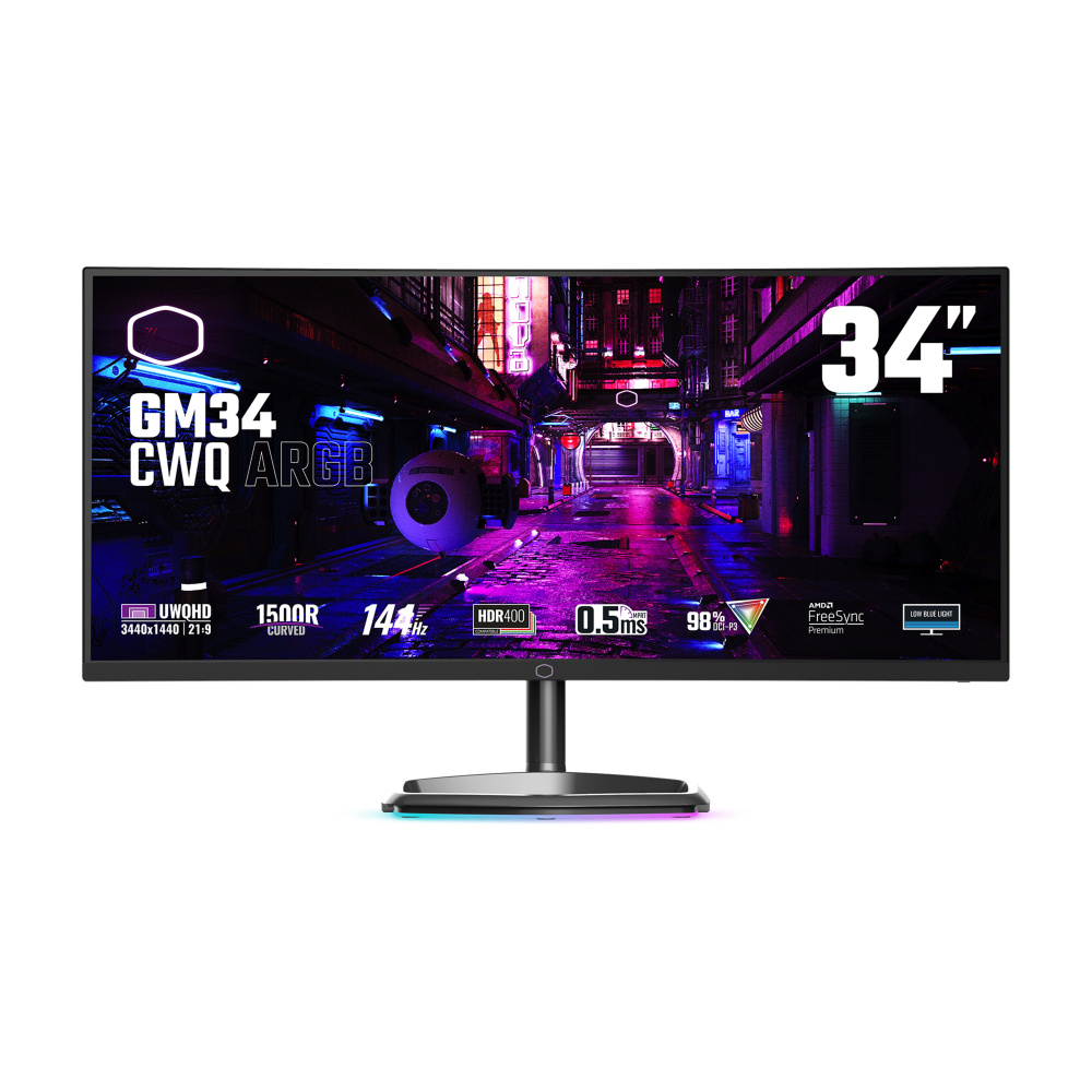 Monitor Gamer Curvo Cooler Master GM34-CWQ ARGB LED 34", 3440x1440 Ultra Wide Quad HD, G-Sync/FreeSync, 144Hz, HDMI/DisplayPort, Bocinas Integradas, Negro 