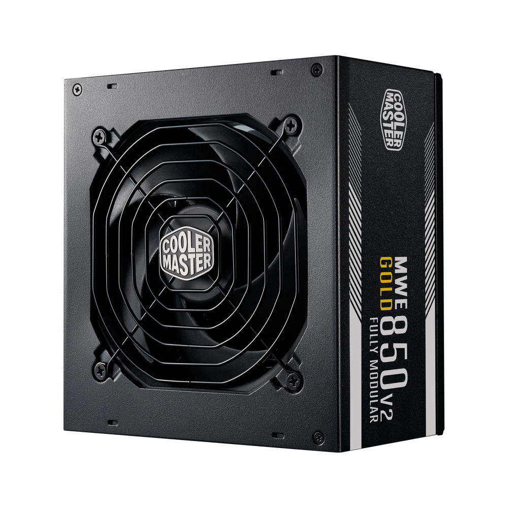 Fuente de Poder Cooler Master MWE GOLD 850 V2 FULL MODULAR 80 PLUS Gold, 24-pines ATX, 120mm, 850W ― Golpe en una esquina.