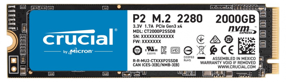 SSD Crucial P2 NVMe, 2TB, PCI Express 3.0, M.2