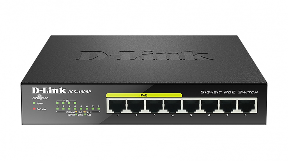 Switch Gigabit Ethernet DGS-1008P, 10/100/1000Mbps, 160bit/s, 8 Puertos, 4 Entradas – No Administrable