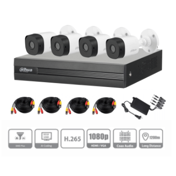 Dahua Kit de Vigilancia KITXVR1B04 de 4 Cámaras Bullet, 4 Canales, con Grabadora, Cables y Fuente de Poder  - no incluye Disco Duro