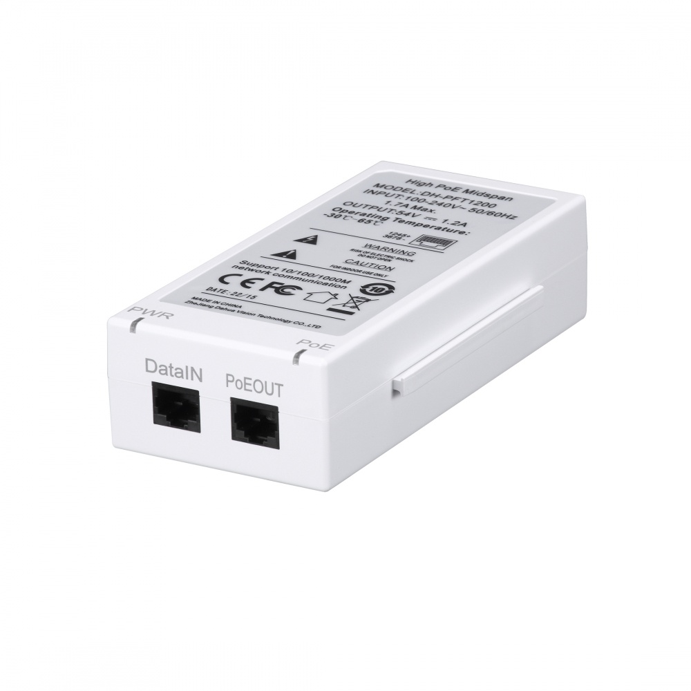 Dahua Adaptador e Inyector de PoE PFT1200, Gigabit Ethernet, 10/100/1000Mbit/s, 2x RJ-45