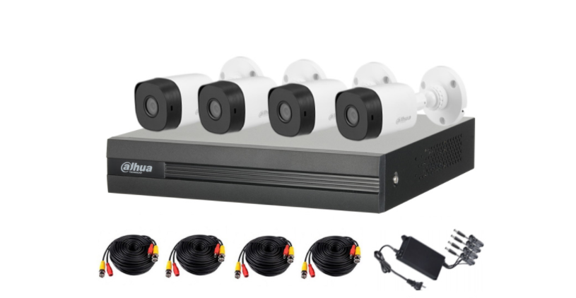 Dahua Kit de Vigilancia XVR1B04KIT2 de 4 Cámaras CCTV Bullet B1A21 y 4 Canales, con Grabadora XVR1B04, Fuente de Poder de 12V y 4 Cables BNC