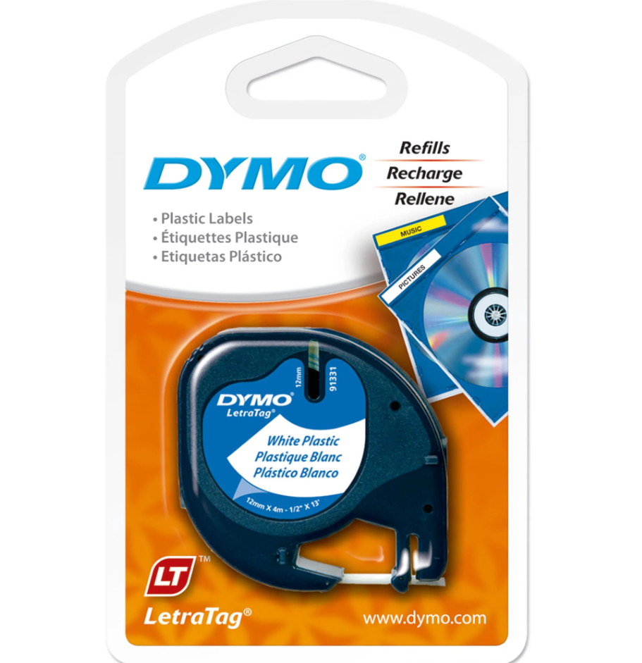 Cinta Etiquetadora DYMO LetraTag 91331, Negro sobre Blanco, 12mm x 4m