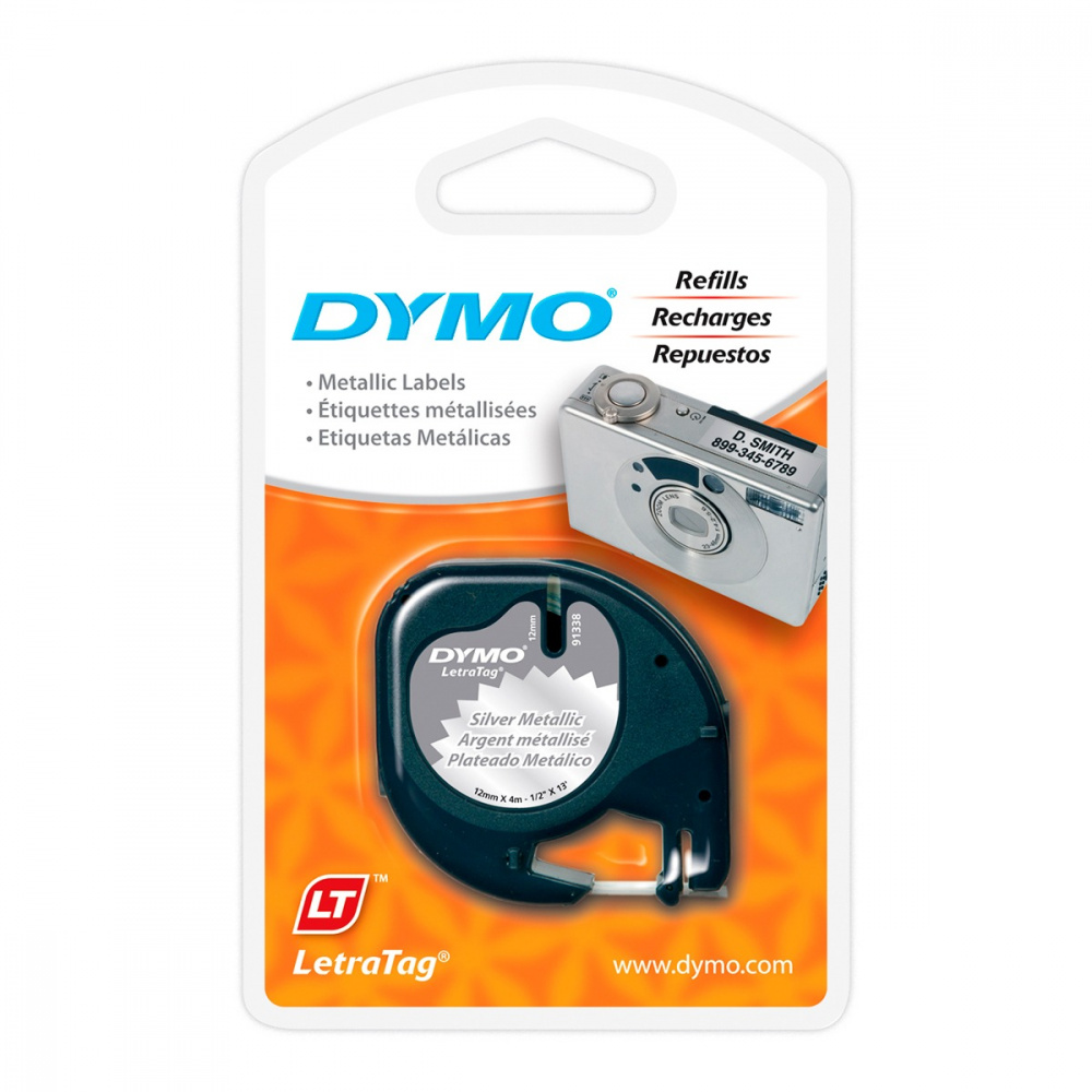 Dymo Cinta 91338 Negro sobre Gris Metálico, Térmica Directa, 12 mm x 4 Metros, 1 Pieza