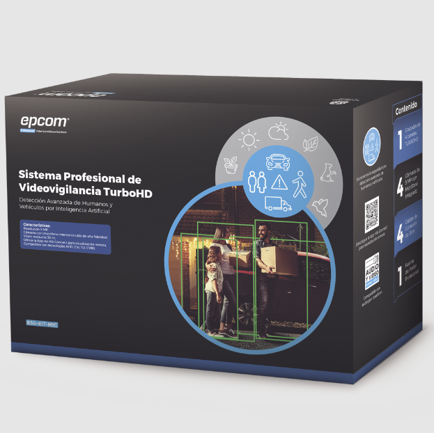 Epcom Kit de Vigilancia B50-KIT-MIC de 4 Cámaras CCTV Bullet y 4 Canales, con Grabadora, Fuente de Poder y Cables Siamés