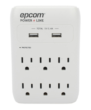 Epcom Supresor de Picos EPLSPWUSB, 6 Contactos, 2 x USB A, 1080 Joules