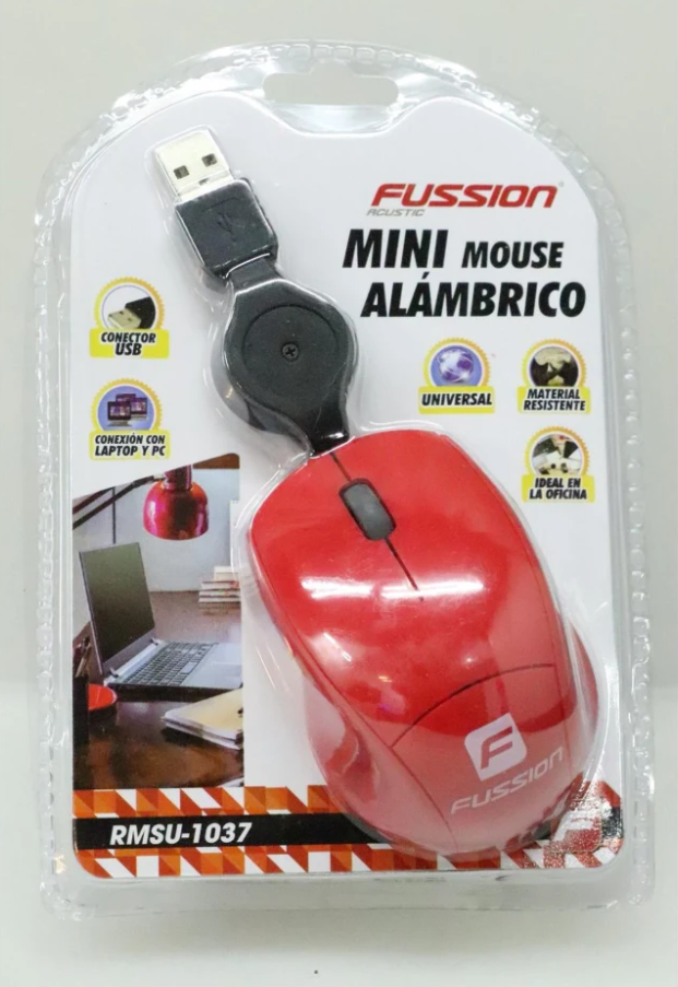 Mouse Fussion Acustic Óptico MSU-1037, Alámbrico, USB A, 1000DPI, Rojo