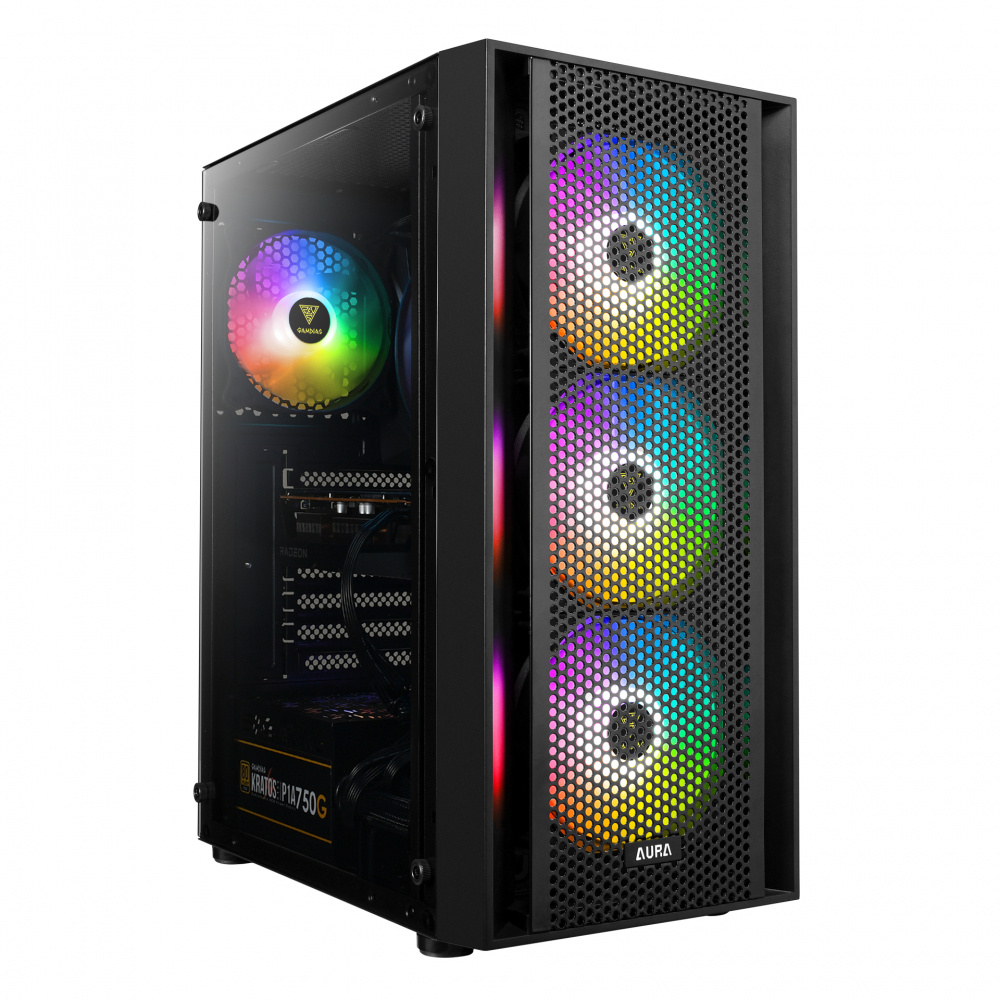 Gabinete Gamdias AURA GC2 con Ventana ARGB Midi-Tower, ATX/Micro-ATX/Mini-ITX, USB 3.0/2.0, sin Fuente, 4 Ventiladores ARGB Instalados, Negro