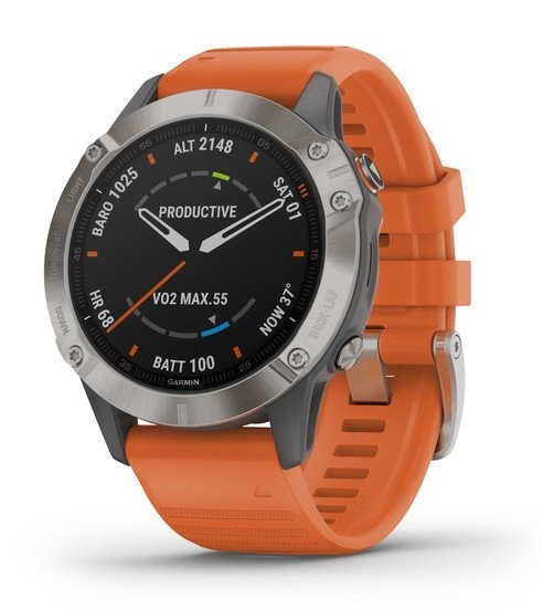 Garmin Smartwatch Fénix 6 Zafiro Titanio, GPS, Bluetooth, iOS/Android, Naranja/Gris - Resistente al Agua