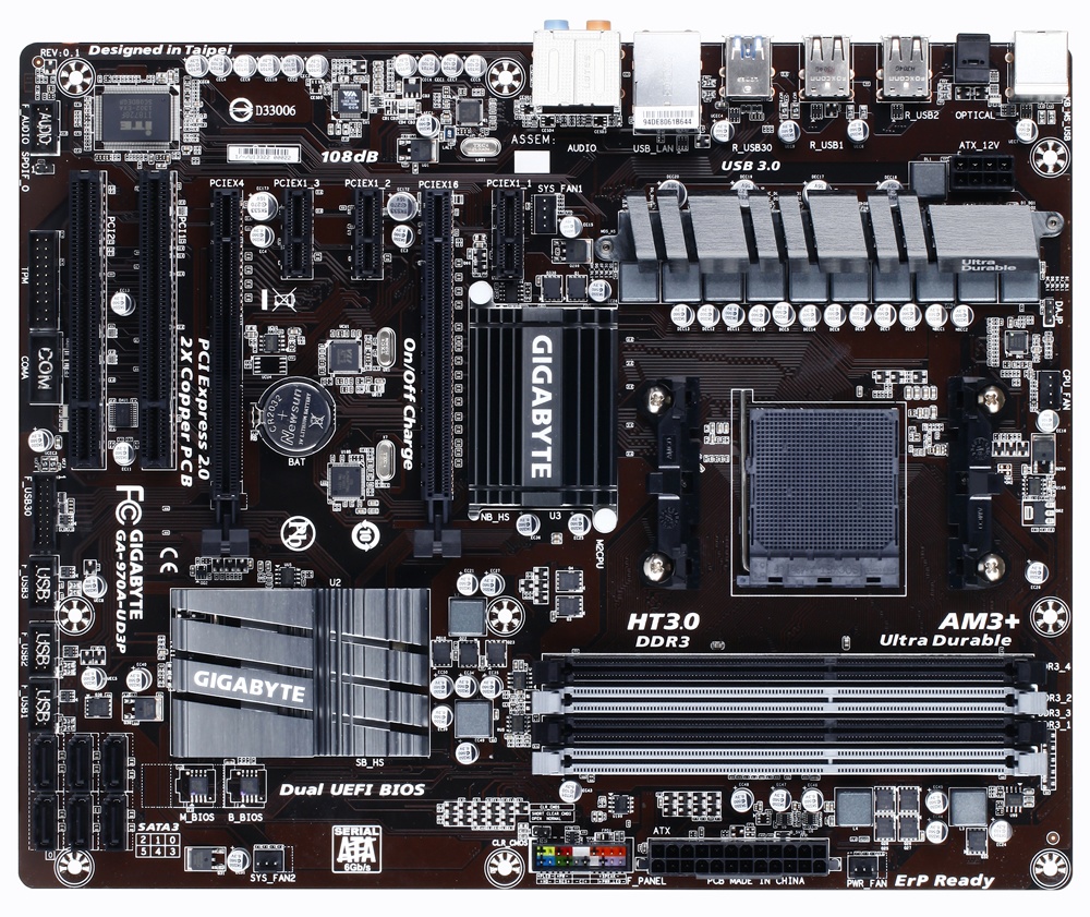 Tarjeta Madre Gigabyte ATX GA-970A-UD3P, S-AM3+, AMD 970, 32GB DDR3, para AMD