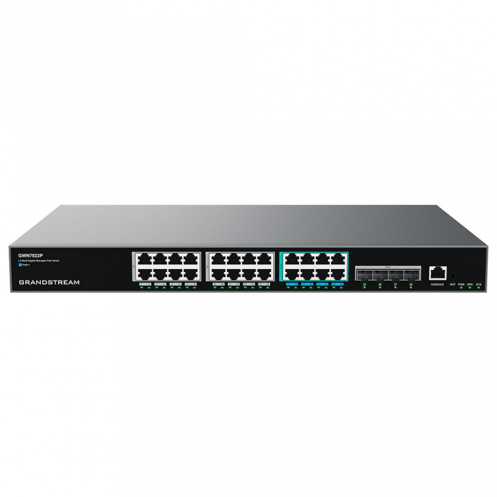 Switch Grandstream GWN7822P, 24 Puertos 2.5G Ethernet 100/1000/2500 24 x PoE+ 360W, 4 Puertos SFP+, 152 Gbit/s, 16000 Entradas, Administrado